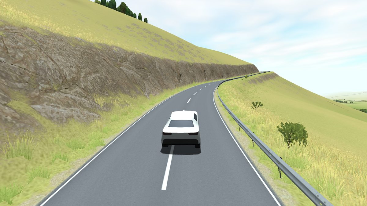 First-person view from inside the Slow Roads roadster, looking down the road over the bonnet with hills on both sides