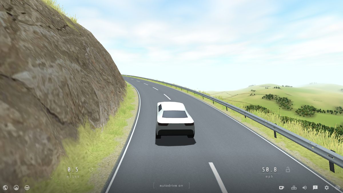 Slow Roads driving view with the on-screen interface visible: speed and distance readouts, the cruise control padlock and the settings icons