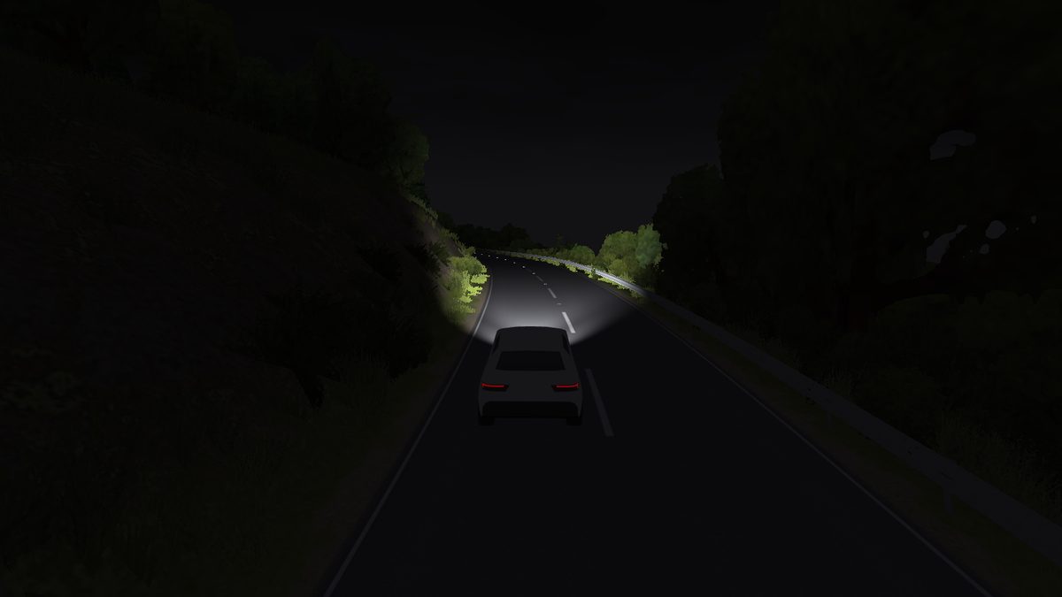Night driving in Slow Roads with headlights lit, throwing two cones of light onto the road ahead and the verge