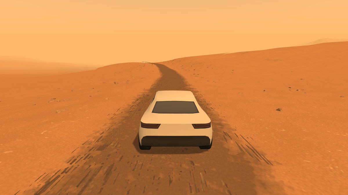 A rust-coloured Martian landscape with a dirt track winding between low rocky ridges under a hazy orange sky