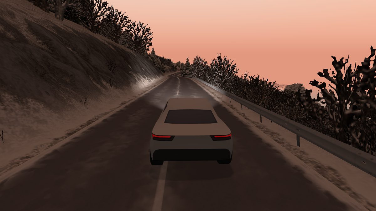 The same road in winter, with snow on the verges and a pale overcast sky